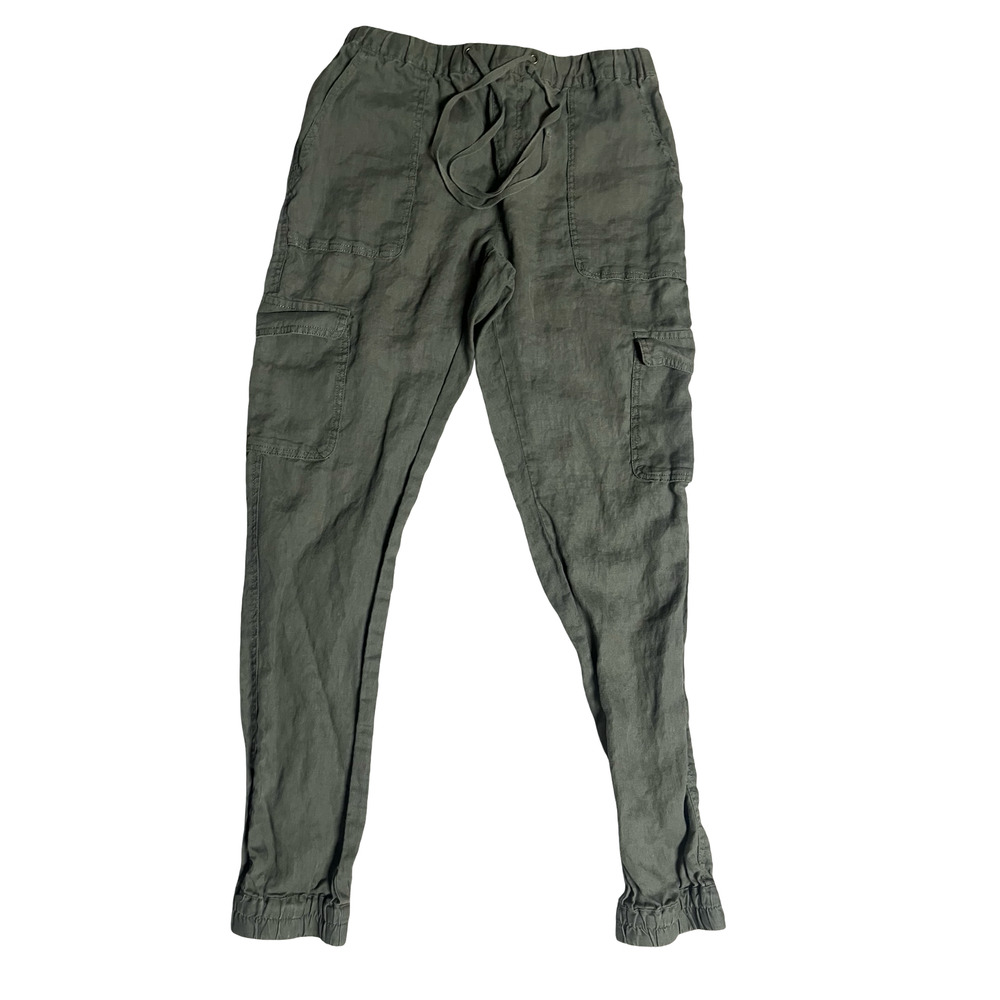 Artisan NY Pants Womens XS Green Linen Cargo Jogger Elastic Waist Cuffed Pockets